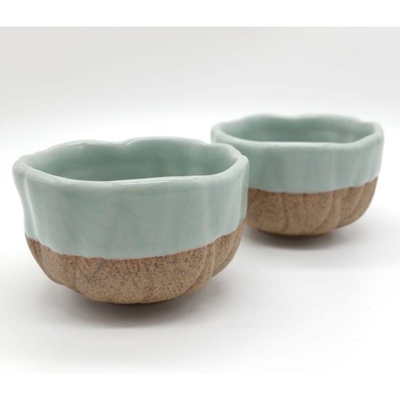 2 Small Celadon Flower Bloom Two-Tone Ceramic Bowls